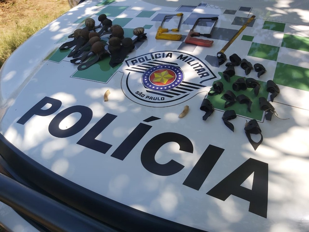 Dono da chácara mantinha grande quantidade de material usado para prática de rinhas, como biqueiras e buchas — Foto: Polícia Ambiental/Divulgação