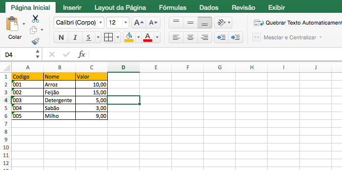 Criando uma tabela de produtos no Excel (Foto: Reprodução/Edivaldo Brito)