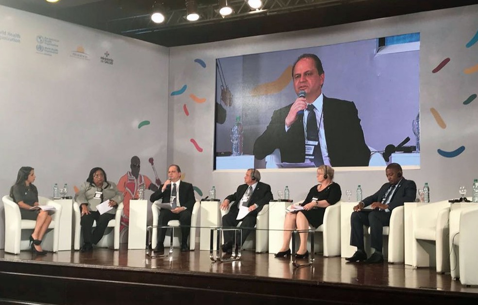 Ricardo Barros fala na conferência da OMS em Montevidéu (Foto: Reprodução/Twitter/Ministério da Saúde)