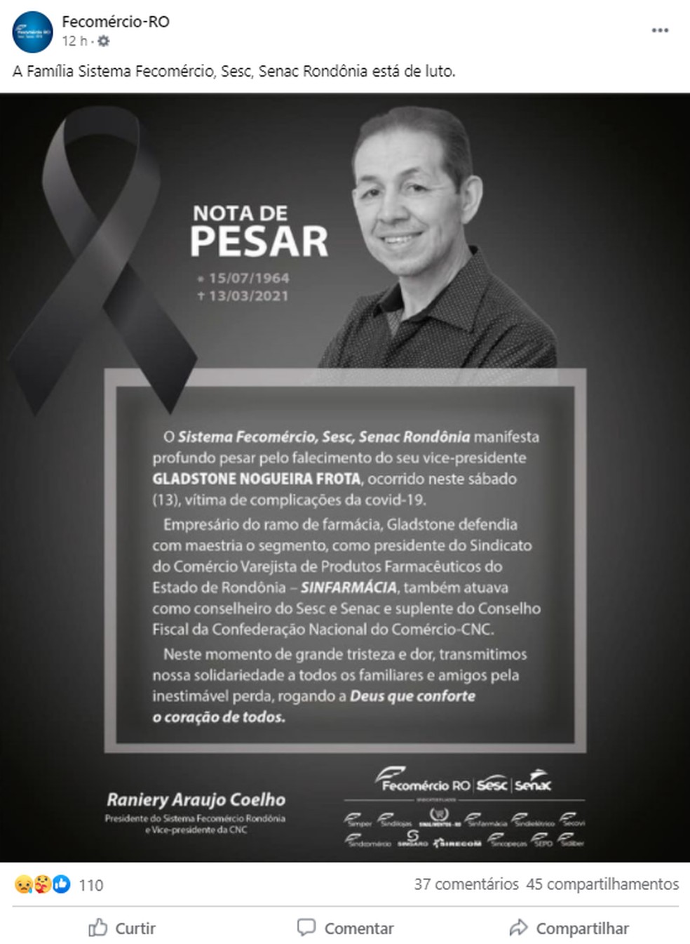 Fecomércio lamenta a morte de Gladstone nas redes sociais — Foto: Reprodução/Facebook