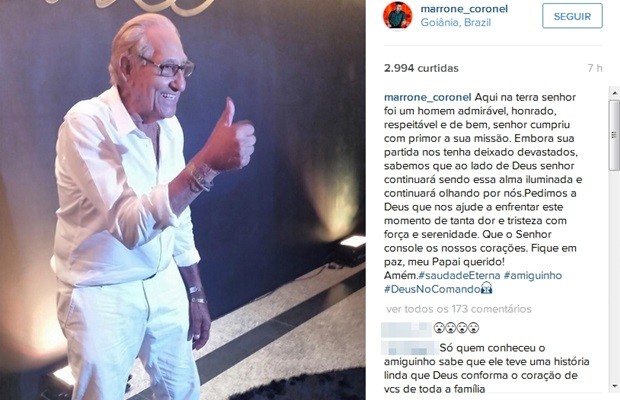 Cantor Marrone lamenta a morte do pai na web, Goiás (Foto: Reprodução/Instagran)