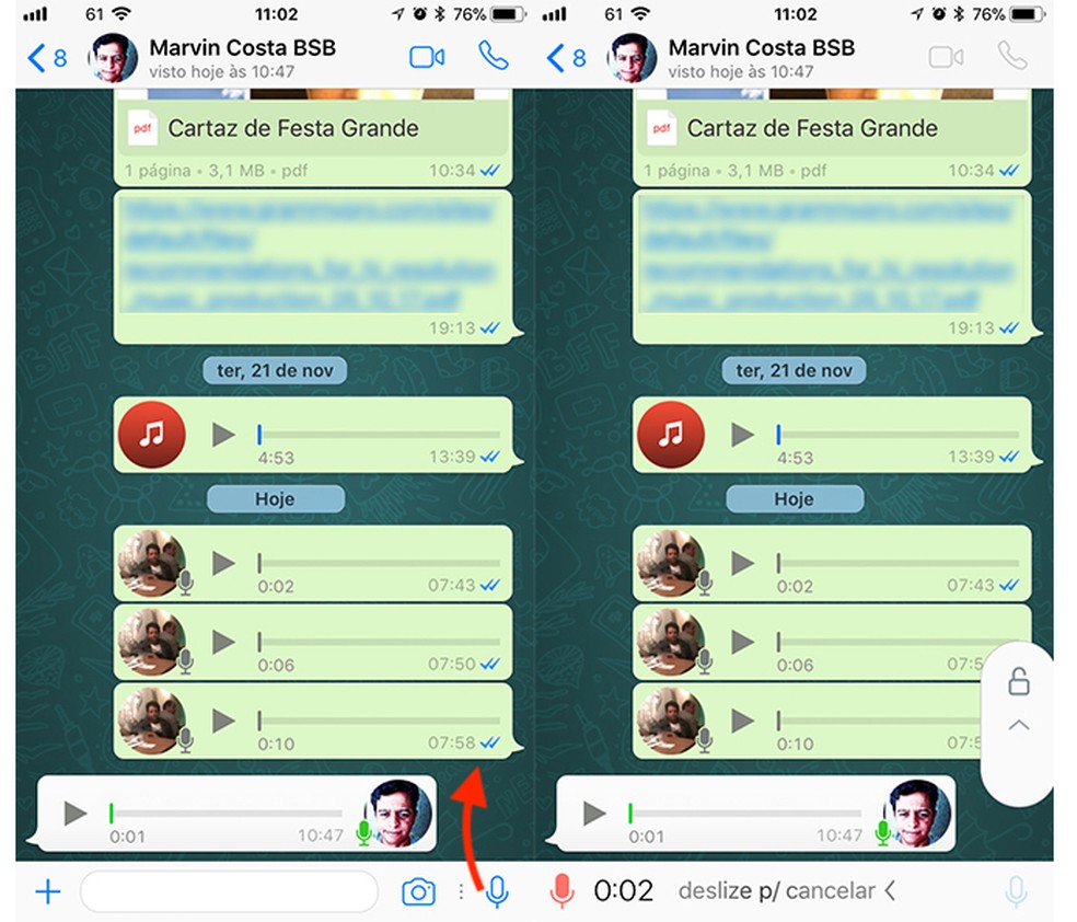 Opção para travar o gravador de mensagens de áudio do WhatsApp para iPhone (Foto: Reprodução/Marvin Costa)
