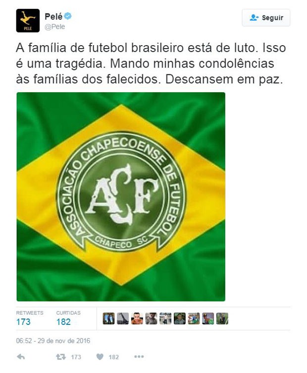 Pelé fala sobre acidente com a Chapecoense (Foto: Reprodução/Twitter)