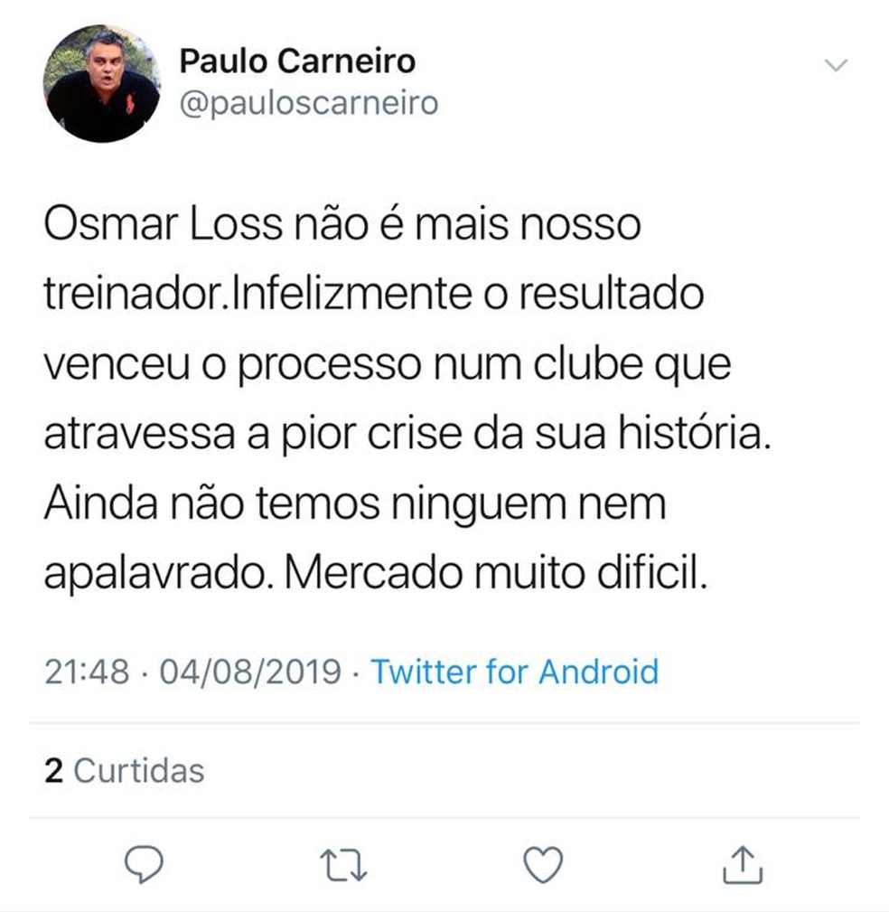 Paulo Carneiro usa as redes sociais para anunciar demissão de Osmar Loss — Foto: Reprodução