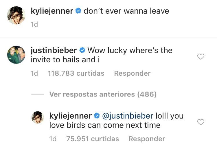 O pedido feito por Justin Bieber para que ele e a esposa sejam convidados por Kylie Jenner na próxima ida da socialite ao Caribe (Foto: Instagram)