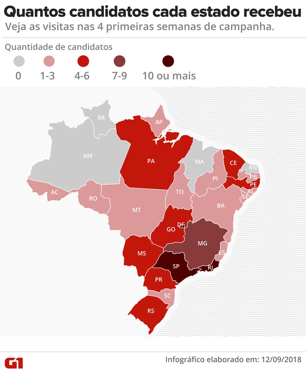 Quantos candidatos a presidente cada estado recebeu nas 4 semanas de campanha — Foto: Alexandre Mauro/G1