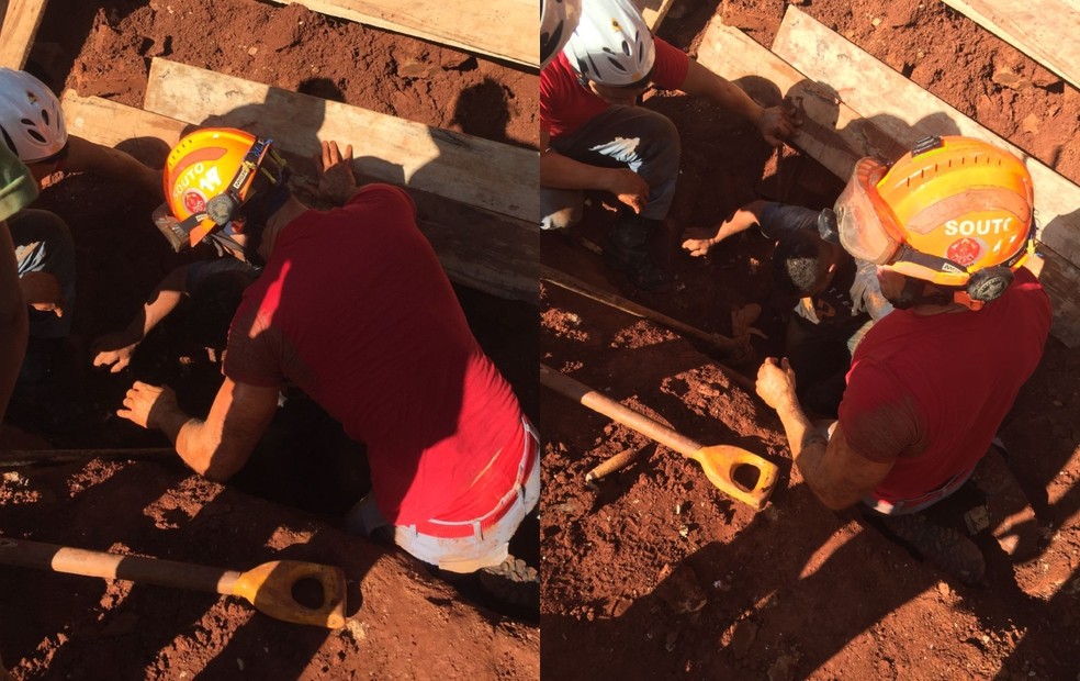 Pedreiro sai ileso após muro em construção desabar em Piraju  — Foto: Corpo de Bombeiros/ Divulgação 