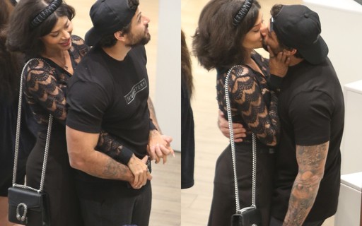 Aline Campos e Jesus Luz trocam beijos em passeio no shopping