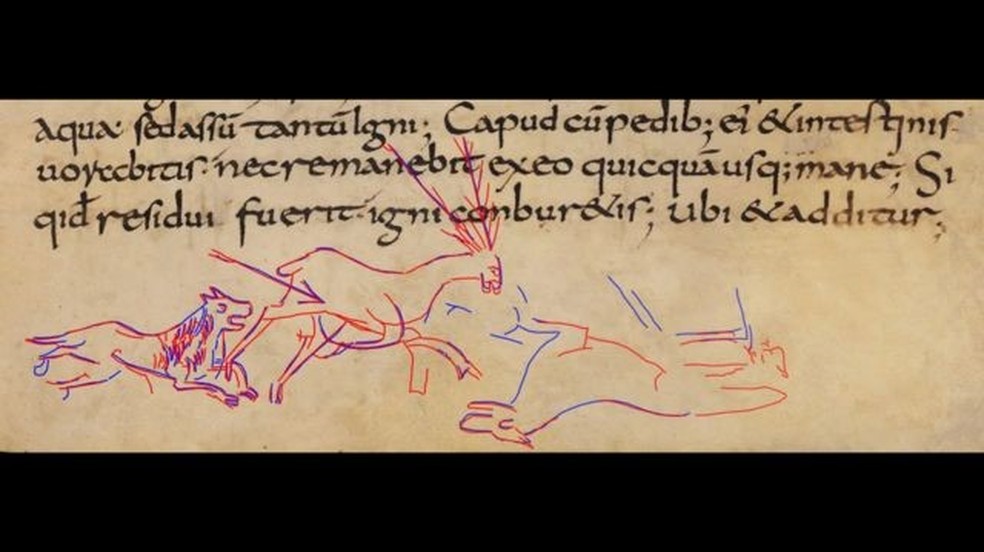 Cena de caça oculta em um manuscrito com 1,2 mil anos de idade — Foto: Archiox/Bodleian Library/Via BBC