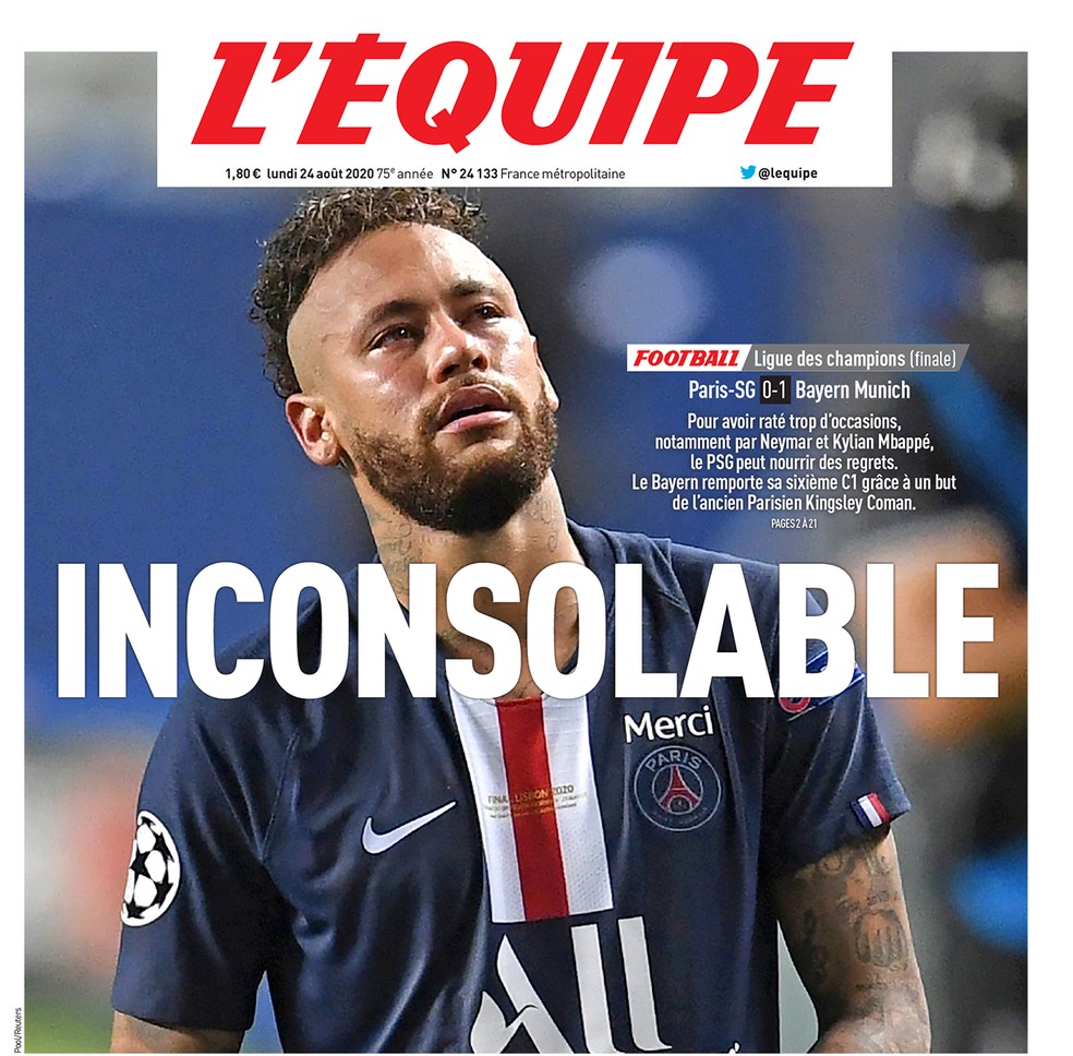 L'Equipe coloca Neymar na capa e diz: "Inconsolável" — Foto: Reprodução/L'Equipe