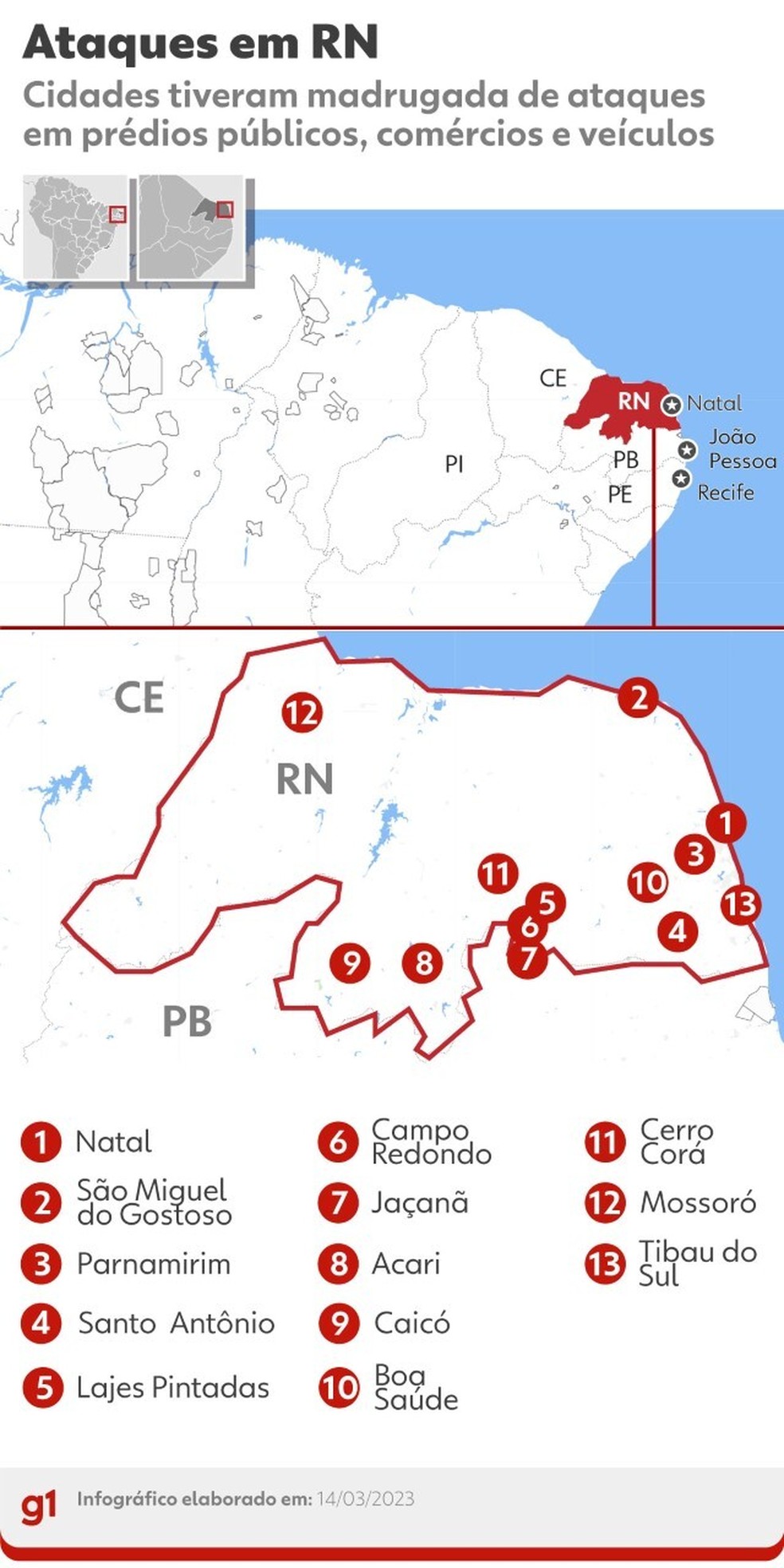 Cidades do RN onde ocorreram ataques  — Foto: g1