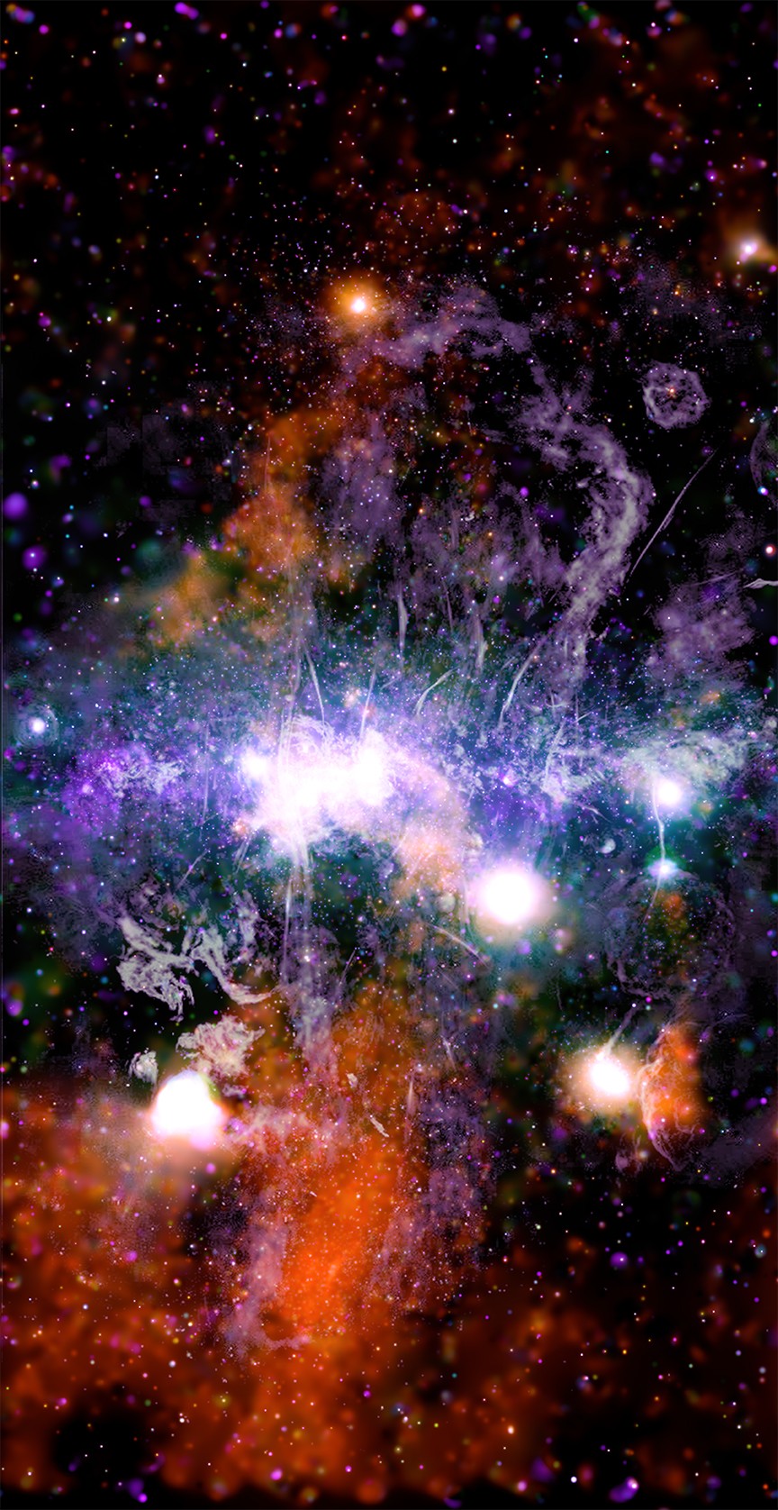 Estudo revela presença de um mosaico de fios emissores de raios-X superaquecidos que se encontram entrelaçados no centro da Via Láctea. Acima, os raios-X captados pelo telescópio Chandra aparecem em laranja, verde, azul e roxo, mostrando diferentes energias de raios-X, e os dados de rádio do telescópio MeerKAT são mostrados em lilás e cinza.   (Foto: X-RAY: NASA/CXC/UMASS/Q.D. WANG; RADIO: NRF/SARAO/MEERKAT)