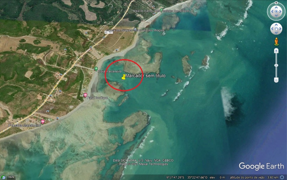 Evento irregular aconteceu em uma piscina natural próximo à Praia do Marceneiro, no Litoral Norte de Alagoas — Foto: Reprodução/Google Earth