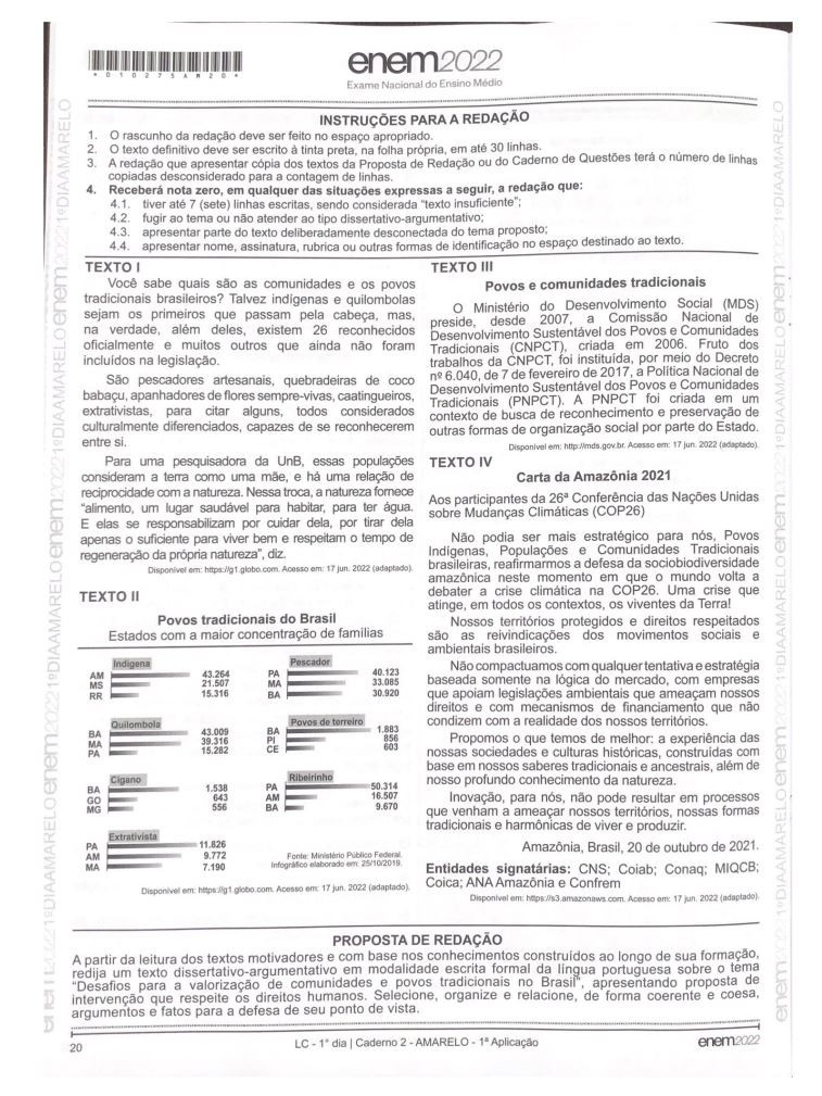 Prova de redação do Enem 2022 usa texto e gráfico de reportagens do g1 sobre os povos tradicionais