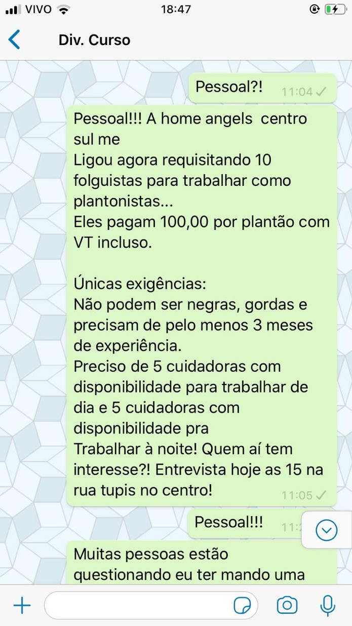 Fernanda Spadinger disse que disparou mensagem para lista de transmissão   — Foto: Fernanda Spadinger/Arquivo pessoal 
