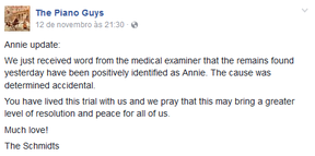 Comunicado sobre a morte de Annie Schmidt (Foto: Reprodução / Facebook) Comunicado sobre a morte de Annie Schmidt (Foto: Reprodução / Facebook)