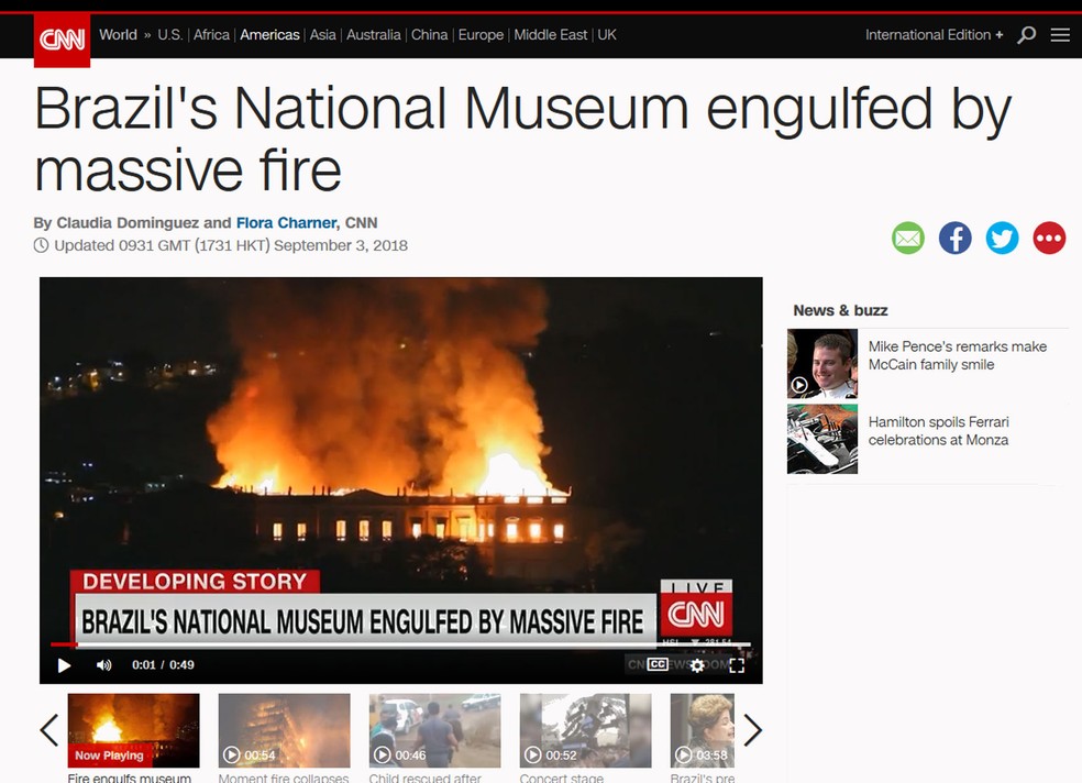 CNN registrou incêndio no Museu Nacional (Foto: Reprodução/ CNN)