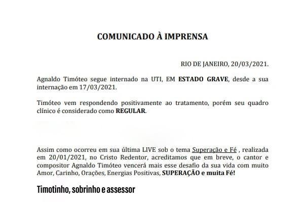 Comunicado sobre Agnaldo Timóteo (Foto: Divulgação)