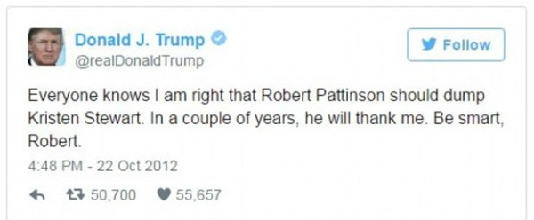 As mensagens de Donald Trump sobre o relacionamento de Kristen Stewart e Robert Pattinson (Foto: Twitter)