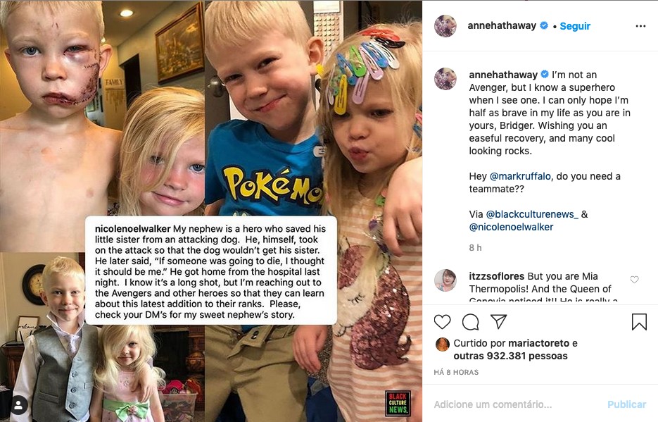 O post da atriz Anne Hathaway celebrando o feito do garotinho que precisou de 90 pontos no rosto após salvar a irmãzinha do ataque de um cachorro (Foto: Instagram)