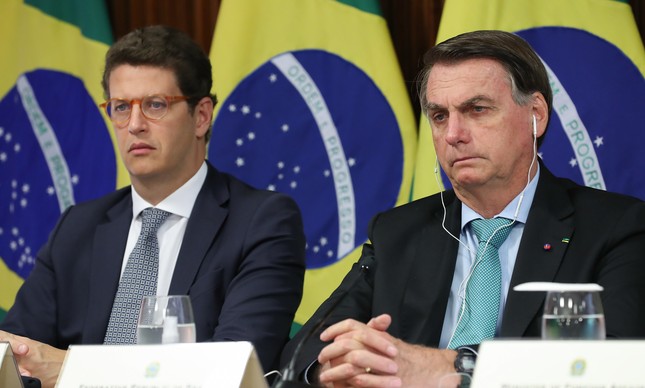 O ministro Ricardo Salles e o presidente Jair Bolsonaro na Cúpula de Líderes sobre o Clima