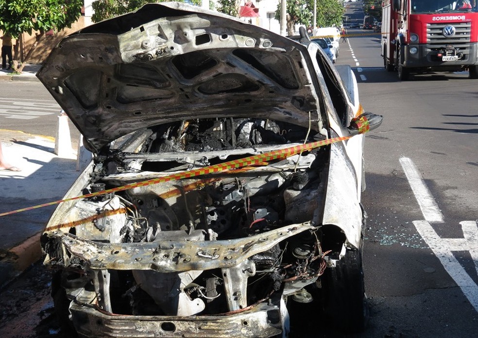 Incêndio atingiu picape e árvore em avenida de Dracena — Foto: Jorge Zanoni/Cedida