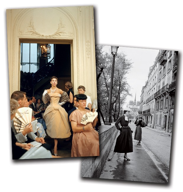 Victoire desfila coleção de alta-costura do inverno de 1954-55. Ao lado, look do inverno de 1955-56 (Foto:  )