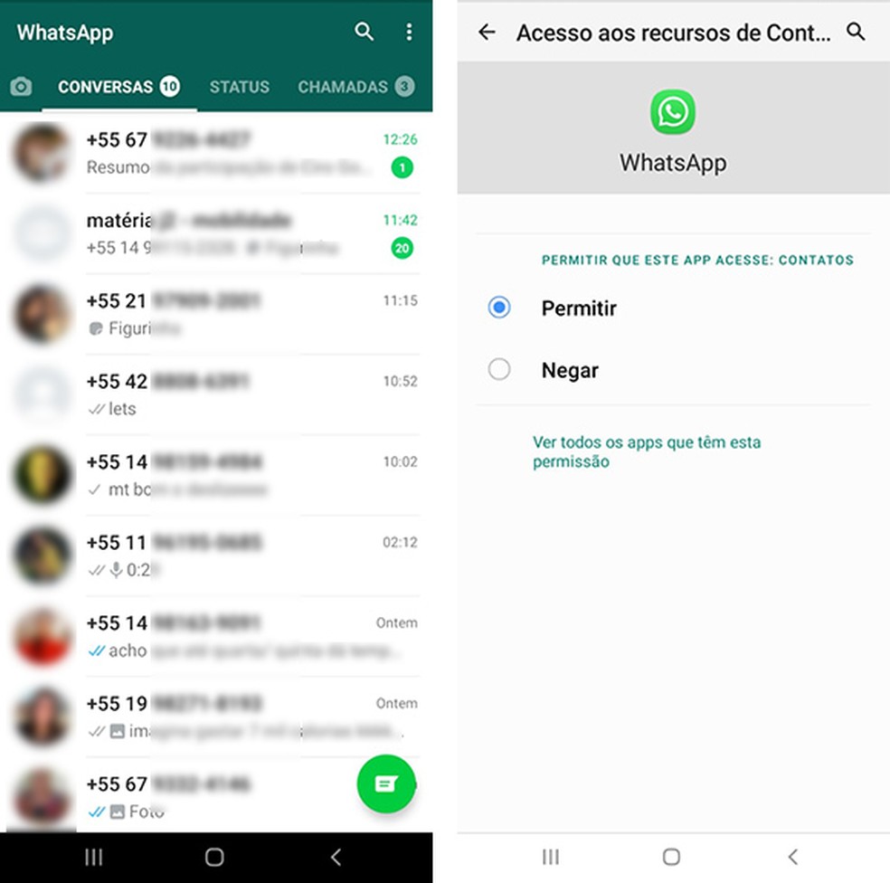 � preciso permitir que o WhatsApp acesse os recursos de contatos para o usu�rio enviar mensagem por meio de uma lista de transmiss�o e criar novos grupos.  � Foto: Reprodu��o/Marcela Franco