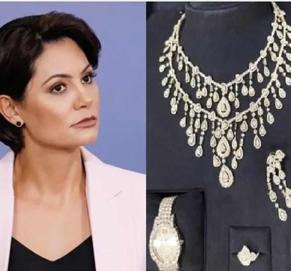 Michelle Bolsonaro e as joias de diamantes que seriam presente do regime saudita para a ex-primeira-dama  — Foto: Divulgação/ Reprodução