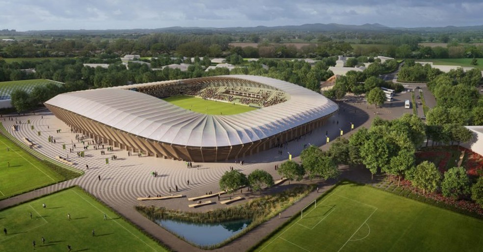 Imagem do projeto inicial do Eco Park, novo estádio do Forest Green Rovers — Foto: Divulgação / FGR