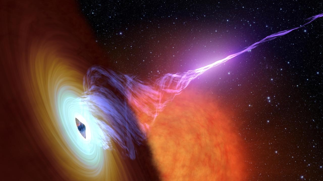 Concepção artística de buraco negro com disco de acreção orbitando por ele e um jato de gás quente saindo (plasma) (Foto: NASA/JPL-Caltech)