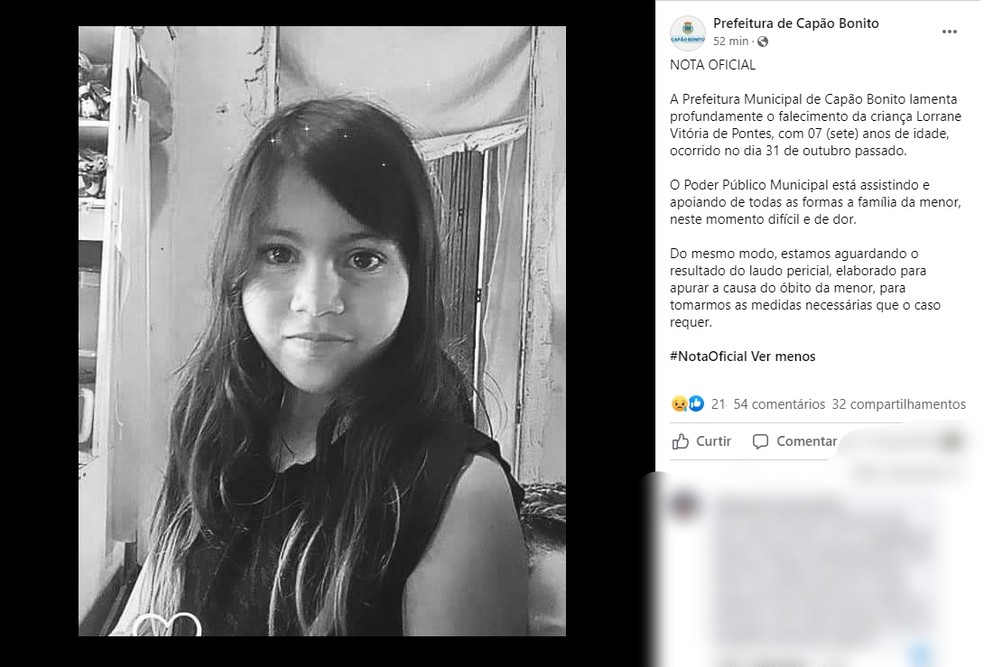Prefeitura de Capão Bonito publicou nota sobre a morte de Lorrane — Foto: Prefeitura de Capão Bonito/Divulgação