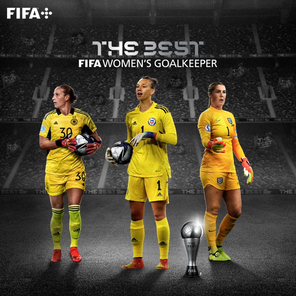 Ann-Katrin Berger, Mary Earps e Christiane Endler concorrem ao prêmio Fifa The Best de melhor goleira — Foto: FIFA.COM