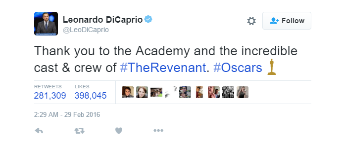 Leonardo DiCaprio fez sucesso no Twitter durante o Oscar (Foto: Reprodução/Twitter)