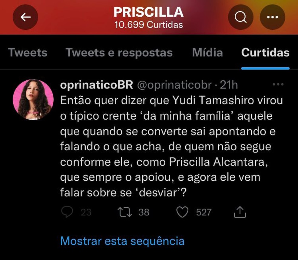 Priscilla Alcântara curte postagem sobre Yudi, após cantor participar de podcast e analisar sua fé | Entretenimento | Glamour