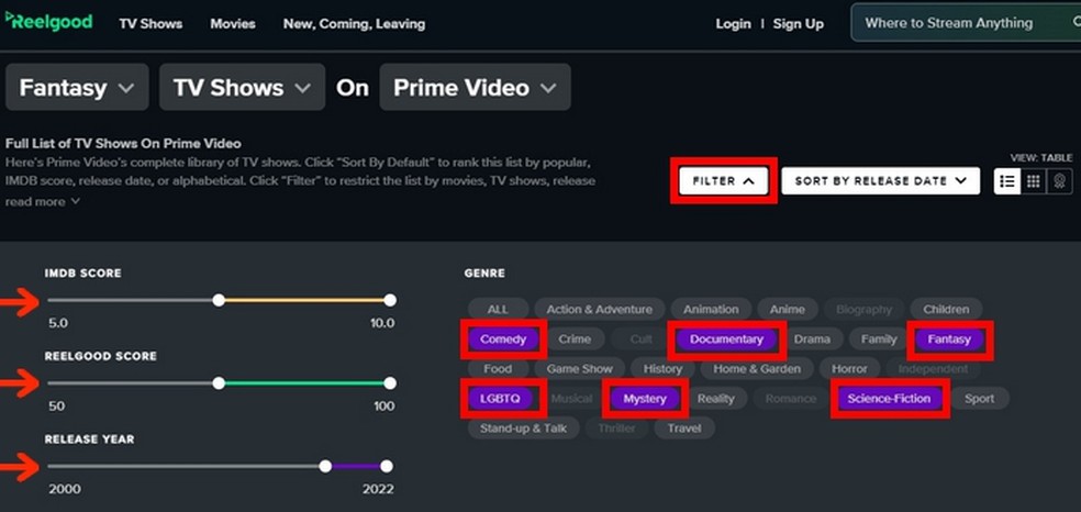 Filtros do Reelgood para encontrar melhores séries do Amazon Prime 2022 — Foto: Reprodução/Raquel Freire