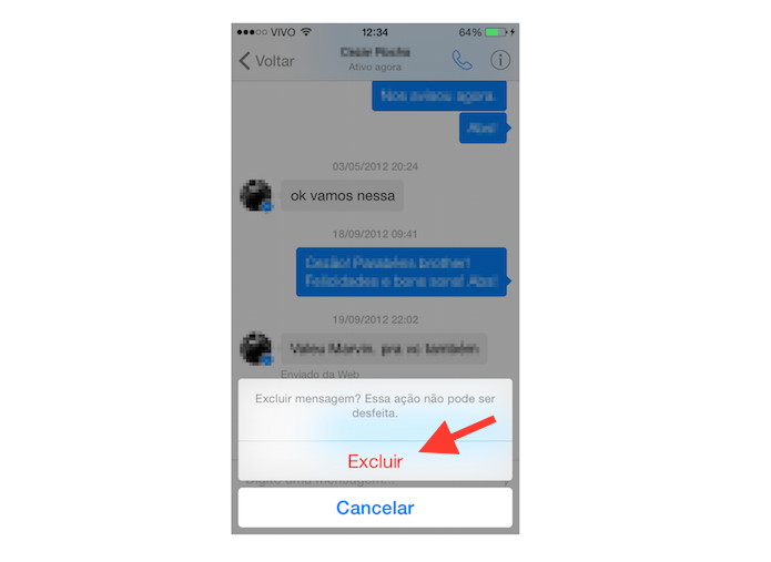 Confirmando a exclusão de uma mensagem no Facebook Messenger para iOS (Foto: Reprodução/Marvin Costa)