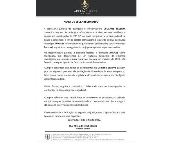 Nota emitida pela assessoria jurídica de Deolane Bezerra em 13 de jlulho de 2022 (Foto: Reprodução)