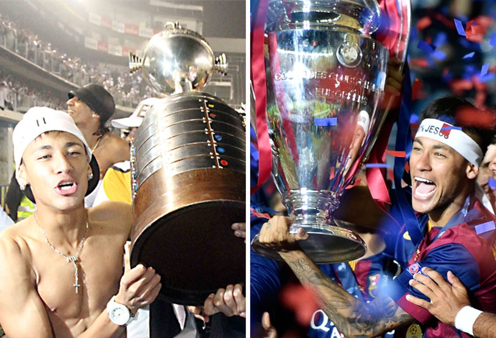 Neymar com a taça da Libertadores 2011 e da Champions 2015: gol nas duas finais continentais — Foto: Montagem sobre foto da AP