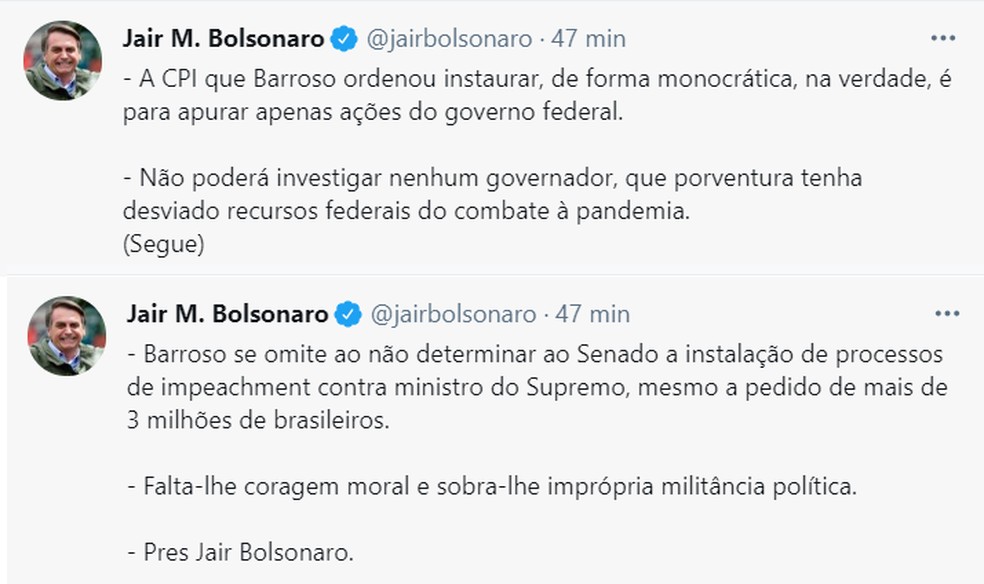Presidente Jair Bolsonaro critica ministro Luís Barroso, do STF, por ordenar abertura de 'CPI da Pandemia' — Foto: Reprodução