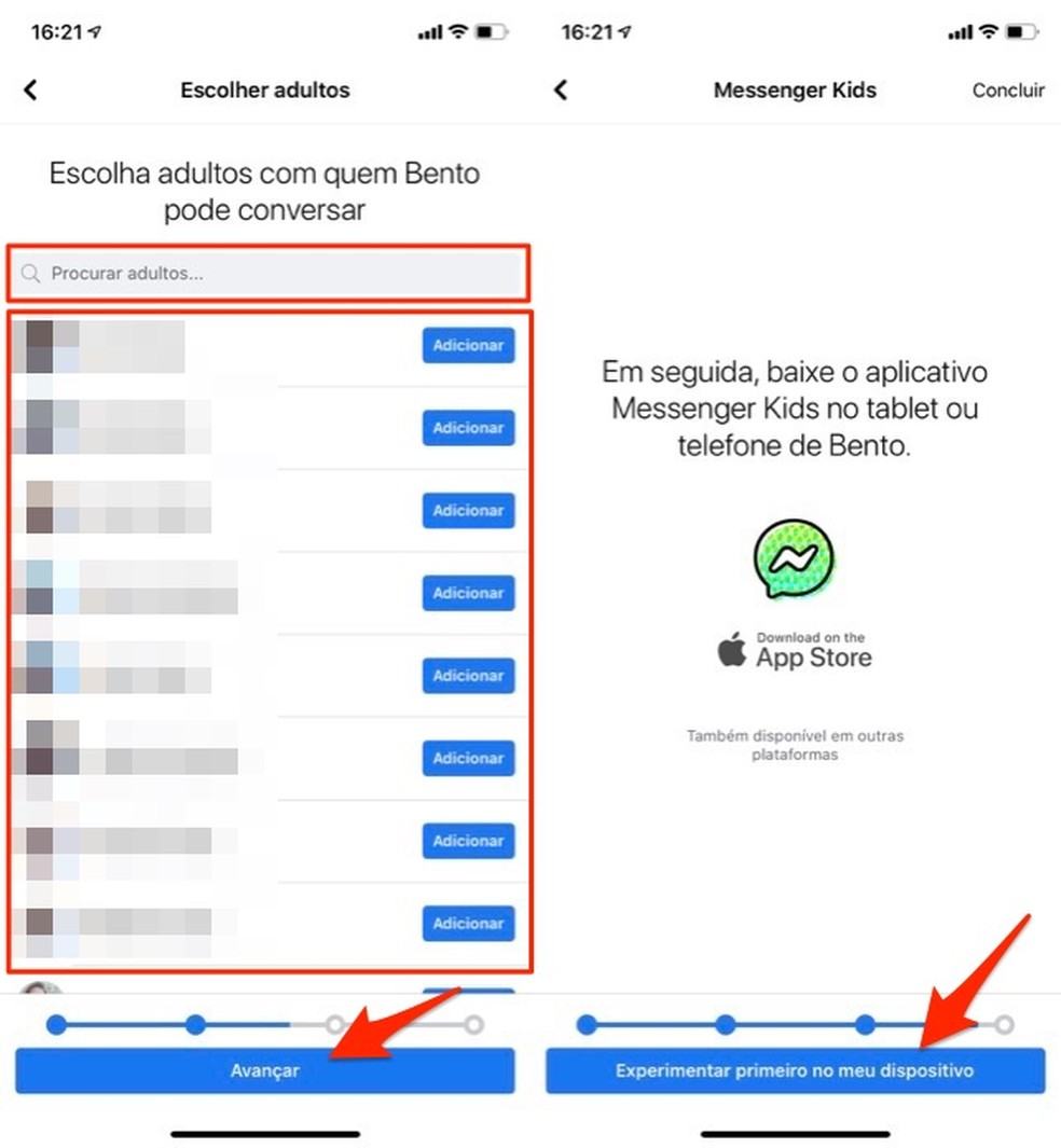 Ação para escolher adultos para conversar com uma criança no Messenger Kids — Foto: Reprodução/Marvin Costa