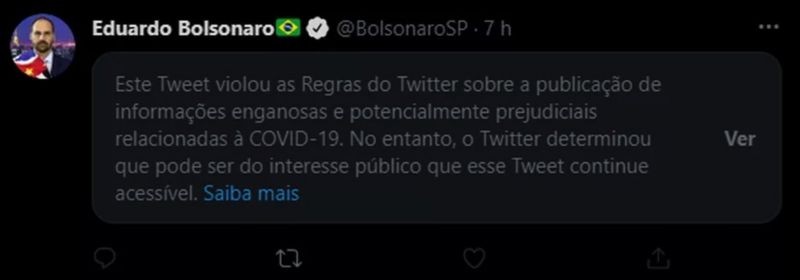 Twitter alertou para 'informações enganosas' em post de Eduardo Bolsonaro (Foto: Twitter)