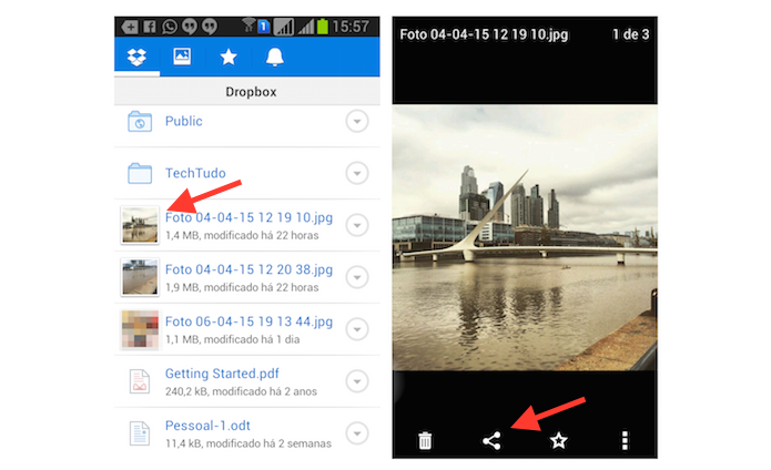 Acessando as configurações de compartilhamento de uma foto no Dropbox para Android (Foto: Reprodução/Marvin Costa)