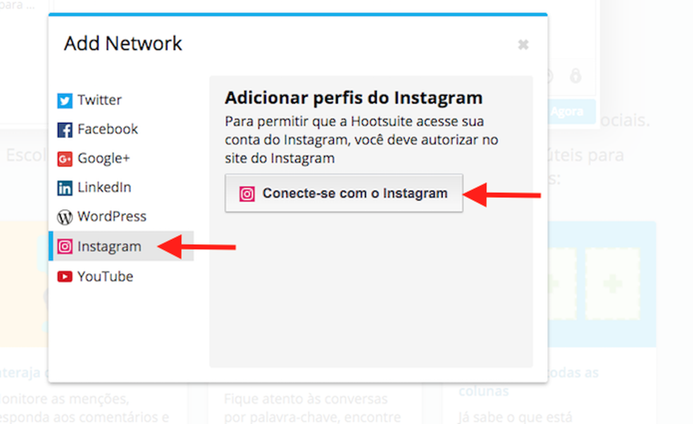 Opção para vincular o Instagram ao Hootsuite para programar posts (Foto: Reprodução/Marvin Costa)