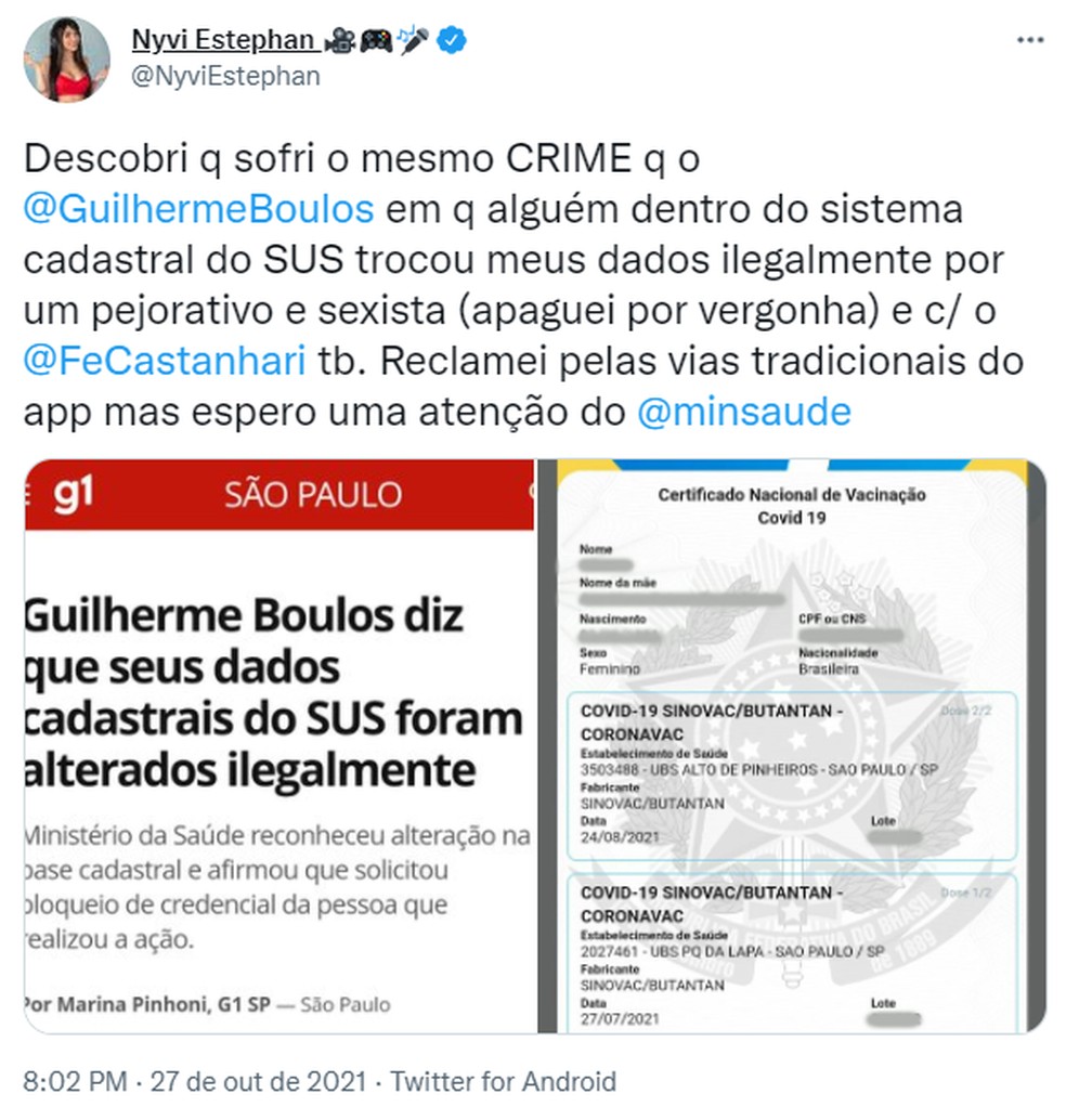 Apresentadora e youtuber Nyvi Estephan relembra episódio análogo sofrido por Guilherme Boulos (PSOL) — Foto: Reprodução/Redes Sociais