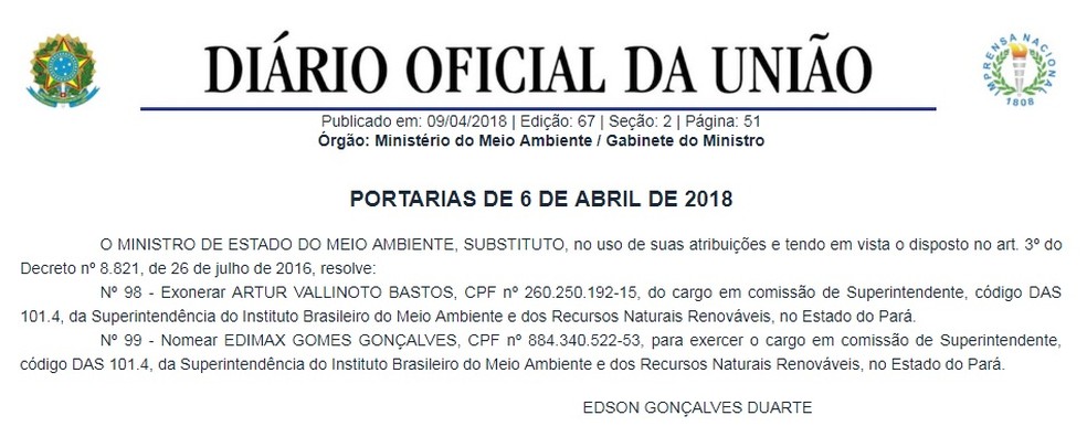 Nomeação foi decretada pela portaria nº 99 de 6 de abril de 2018, publicada no Diário Oficial da União de 9 de abril. (Foto: Reprodução / Diário Oficial da União)