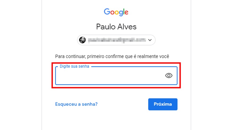 Fazendo login na conta para visualizar as senhas salvas no Google — Foto: Reprodução/Paulo Alves