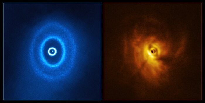 ALMA, in which ESO is a partner, and the SPHERE instrument on ESO’s Very Large Telescope have imaged GW Orionis, a triple star system with a peculiar inner region. Unlike the flat planet-forming discs we see around many stars, GW Orionis features a warped (Foto: ALMA (ESO/NAOJ/NRAO), ESO/Exeter)