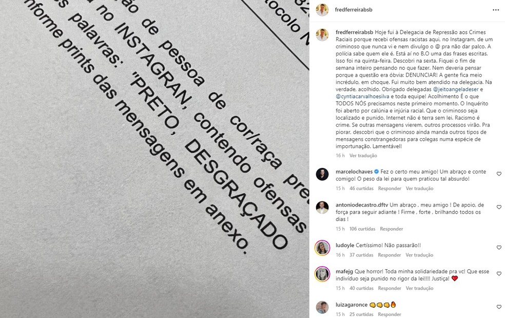 Jornalista da Globo Brasília, Fred Ferreira, é vítima de racismo nas redes sociais — Foto: Reprodução/redes sociais