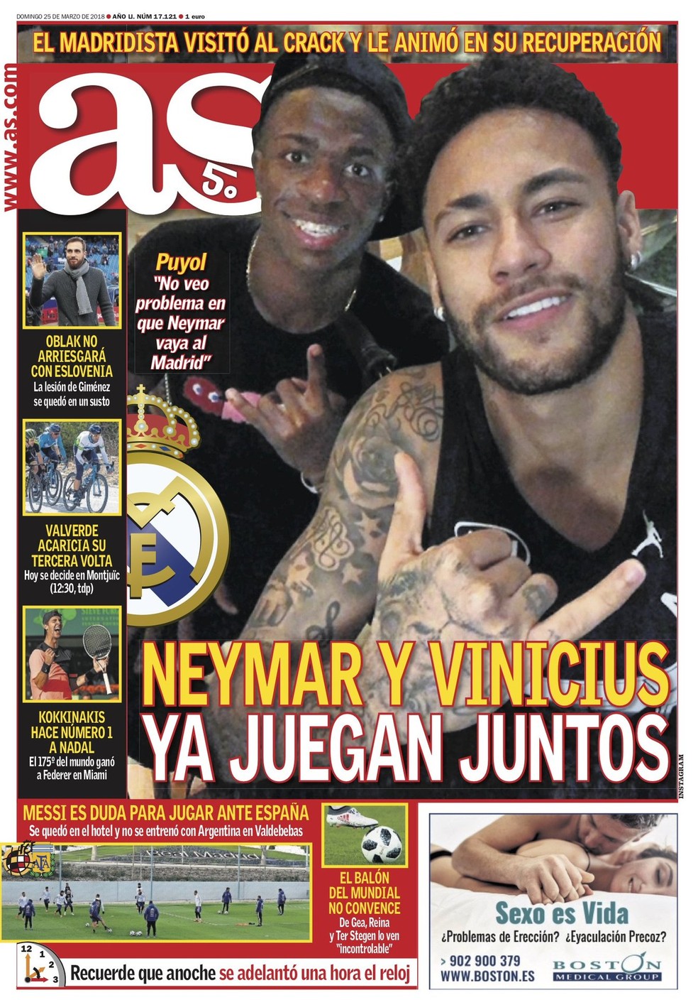 Foto de Vinicius JÃƒÂºnior e Neymar ÃƒÂ© destaque na capa do "As" (Foto: ReproduÃƒÂ§ÃƒÂ£o/Instagram)